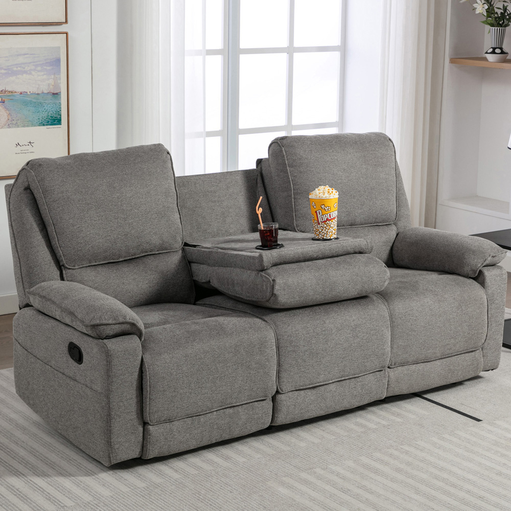 Furniture Online Sydney 3 Seater Grey Manual Recliner Sofa with Drinks Console Image 9