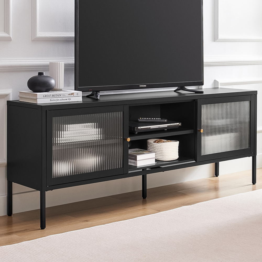 Furniturebox Kaci 2 Door 2 Shelf Black TV Unit Image 1
