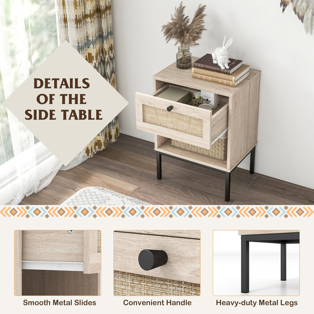 Costway Single Drawer Single Shelf Oak Boho Rattan Nightstand Image 8