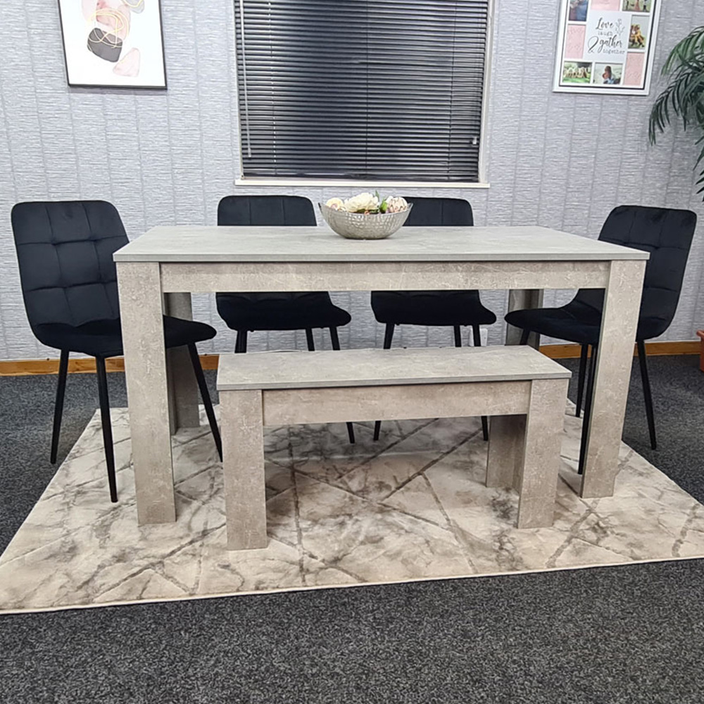 Portland Velvet 6 Seater Dining Set with Bench Stone Grey and Black Image 1