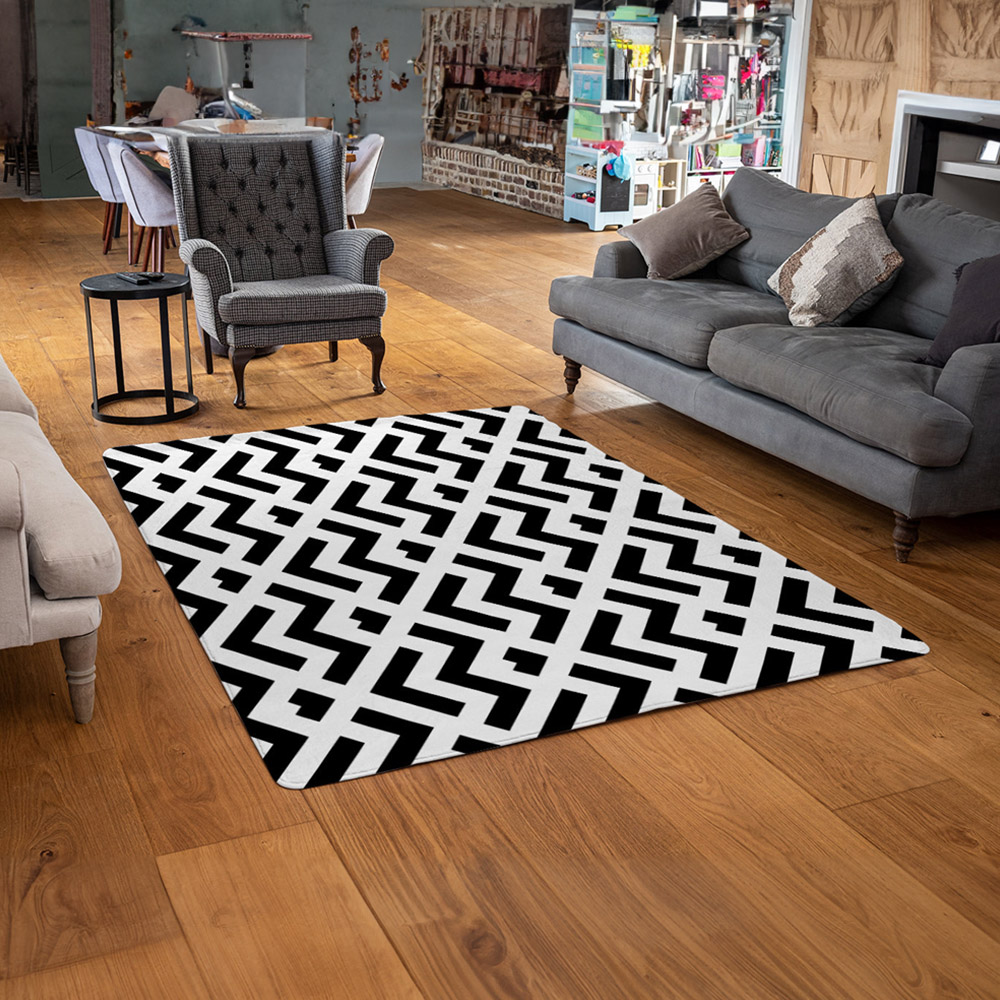 Benjamin Tate Design Faux Wool Small Black and White Geometric Rug 110 x 60cm Image 2