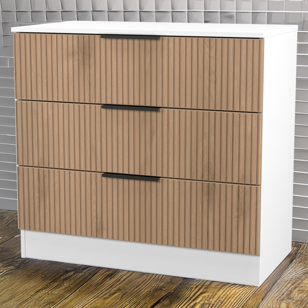 Crowndale Java 3 Drawer Slatt Effect and White Chest of Drawer Image 1