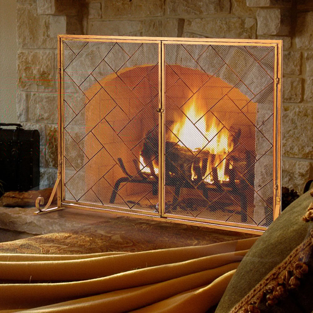 Costway 2 Panel Golden Double Magnetic Doors Mesh Fireplace Screen Image 2