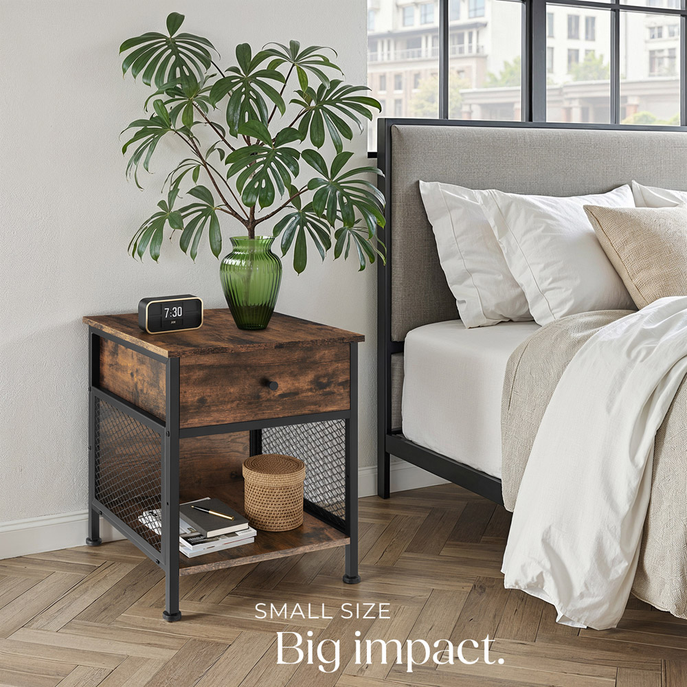 tectake Killarney Single Drawer Dark Industrial Wood Rustic Bedside Table Image 8