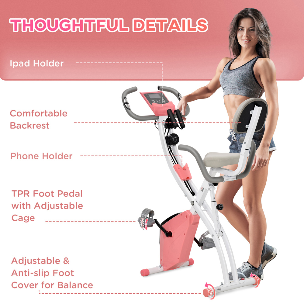 HOMCOM 2 in 1 Pink Magnetic Resistance Folding Exercise Bike Image 3
