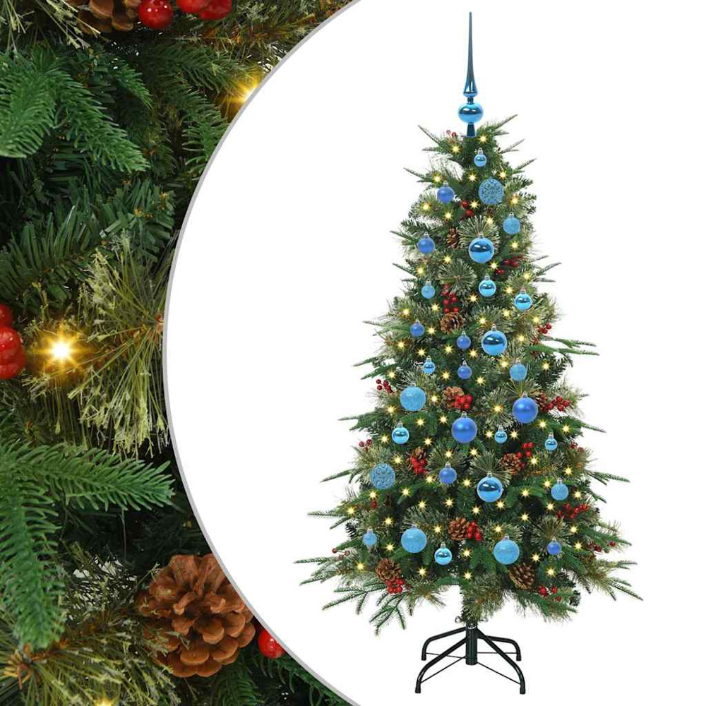 vidaXL Pre-Lit Blue Baubles Green Artificial Hinged Christmas Tree 5ft Image 2