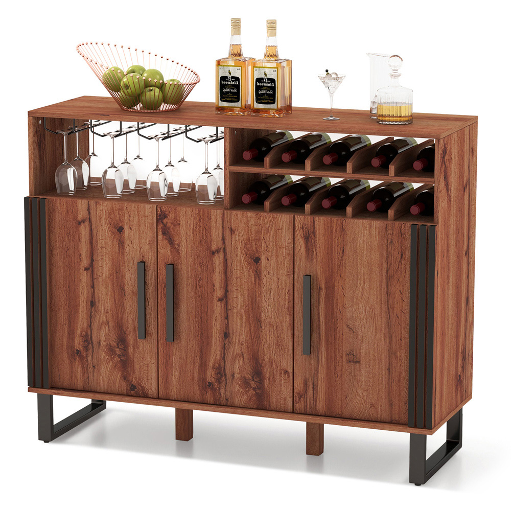 Costway 3 Door 10 Bottle Rustic Brown Home Wine Bar Cabinet with Glass Holder Image 3
