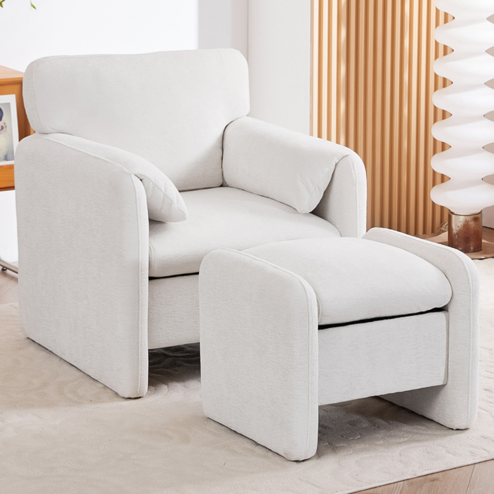 Living and Home White Chenille Upholstered Armchair with Footstool Image 1