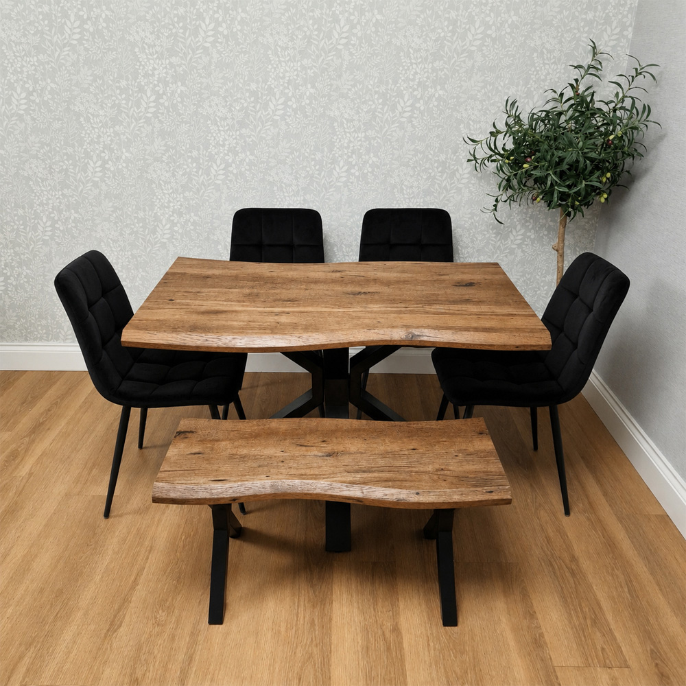 Kosy Koala 6 Seater Wooden Effect Velvet Dining Set with Bench Black Image 3