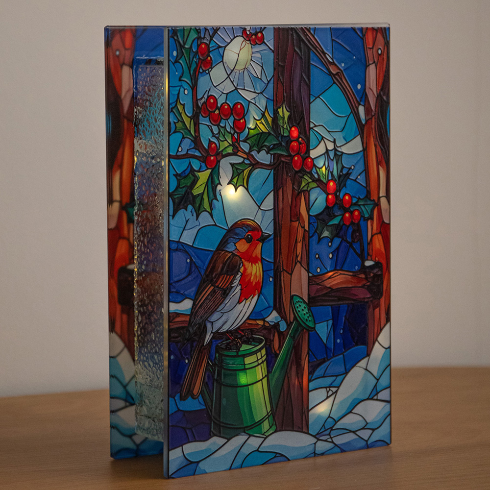 Samuel Alexander LED Light Up Stained Glass Robin Christmas Decoration 21 x 13cm Image 1