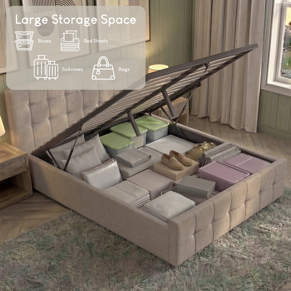VIDA DESIGNS Valentina Double Beige Linen Ottoman Bed with Padded Headboard Image 5