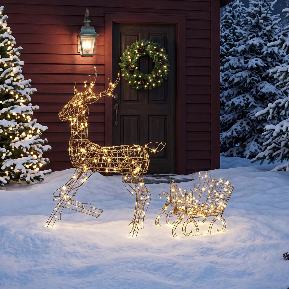 Outsunny 175 Warm White LED 2-Piece Reindeer and Sleigh Set Outdoor Christmas Decoration Image 3