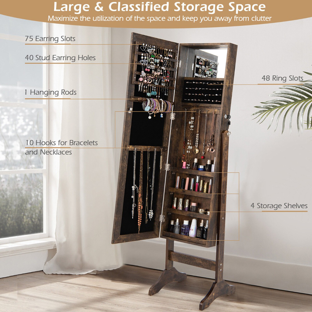 Costway Brown Freestanding Jewellery Cabinet with Full Length and Inner Mirror Image 5