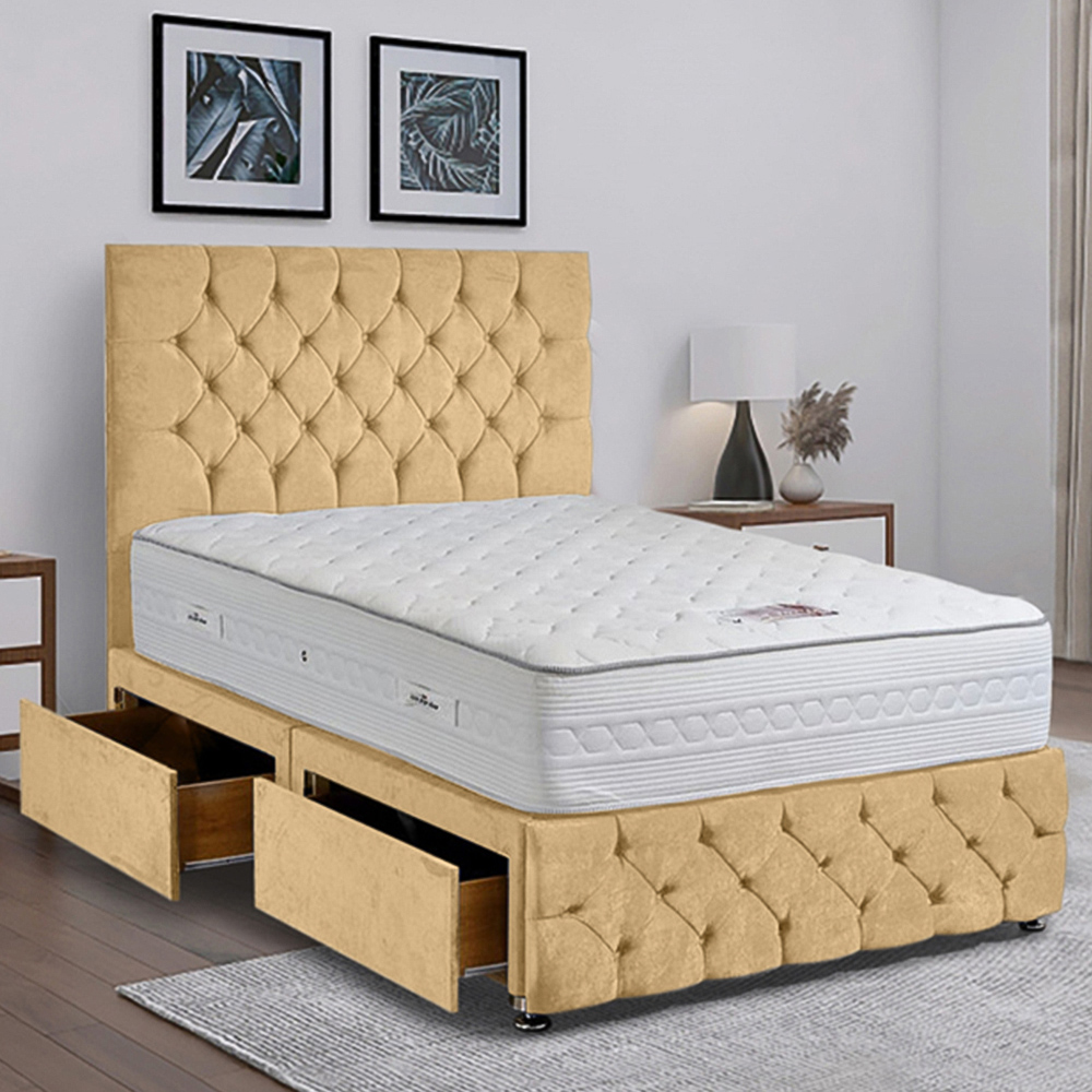 Eleganza Home Comfyzone Super King Size Beige Plush Velvet Divan Bed with Chesterfield Headboard Image 1