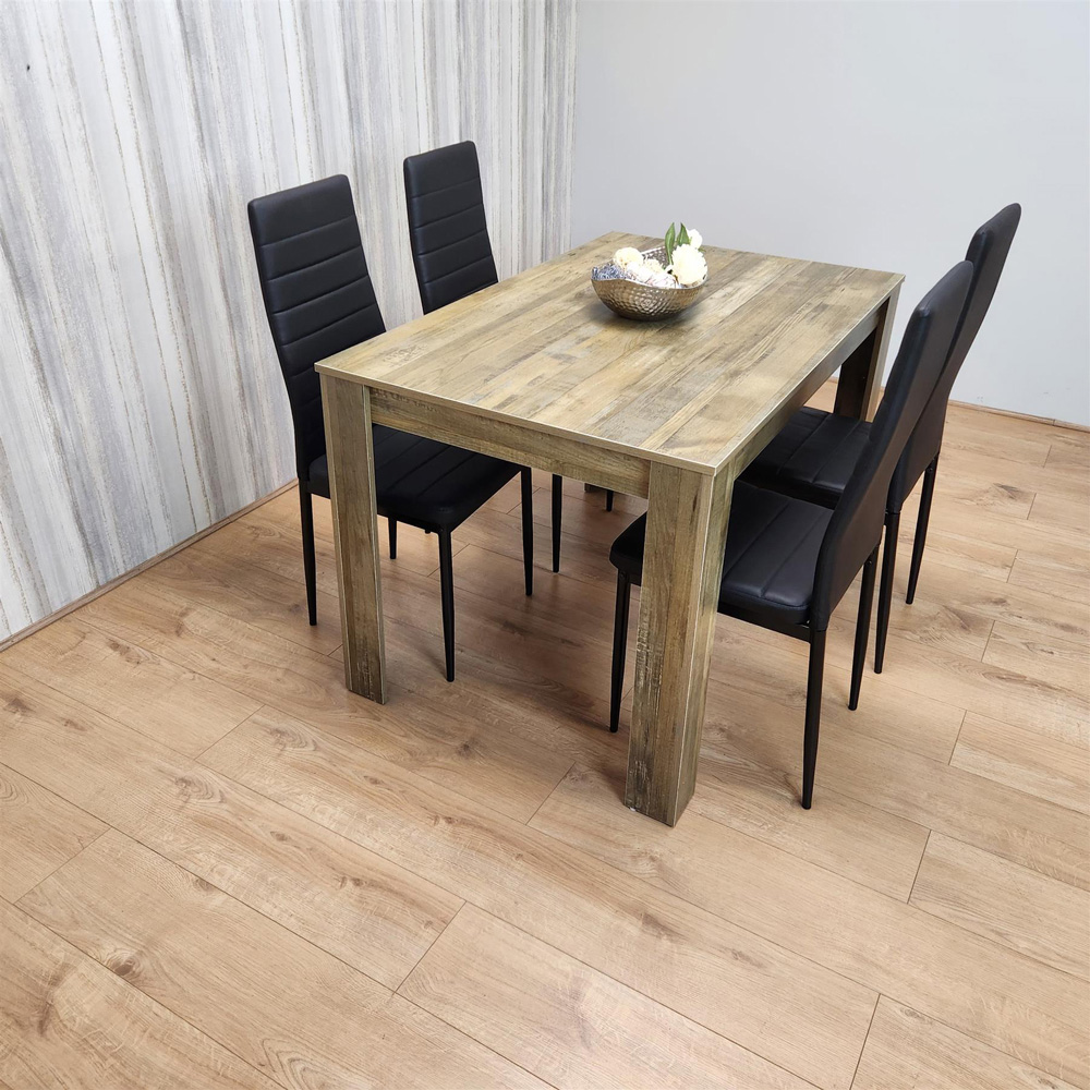 Kosy Koala 4 Seater Wood and Faux Leather Dining Set Rustic Effect and Black Image 5