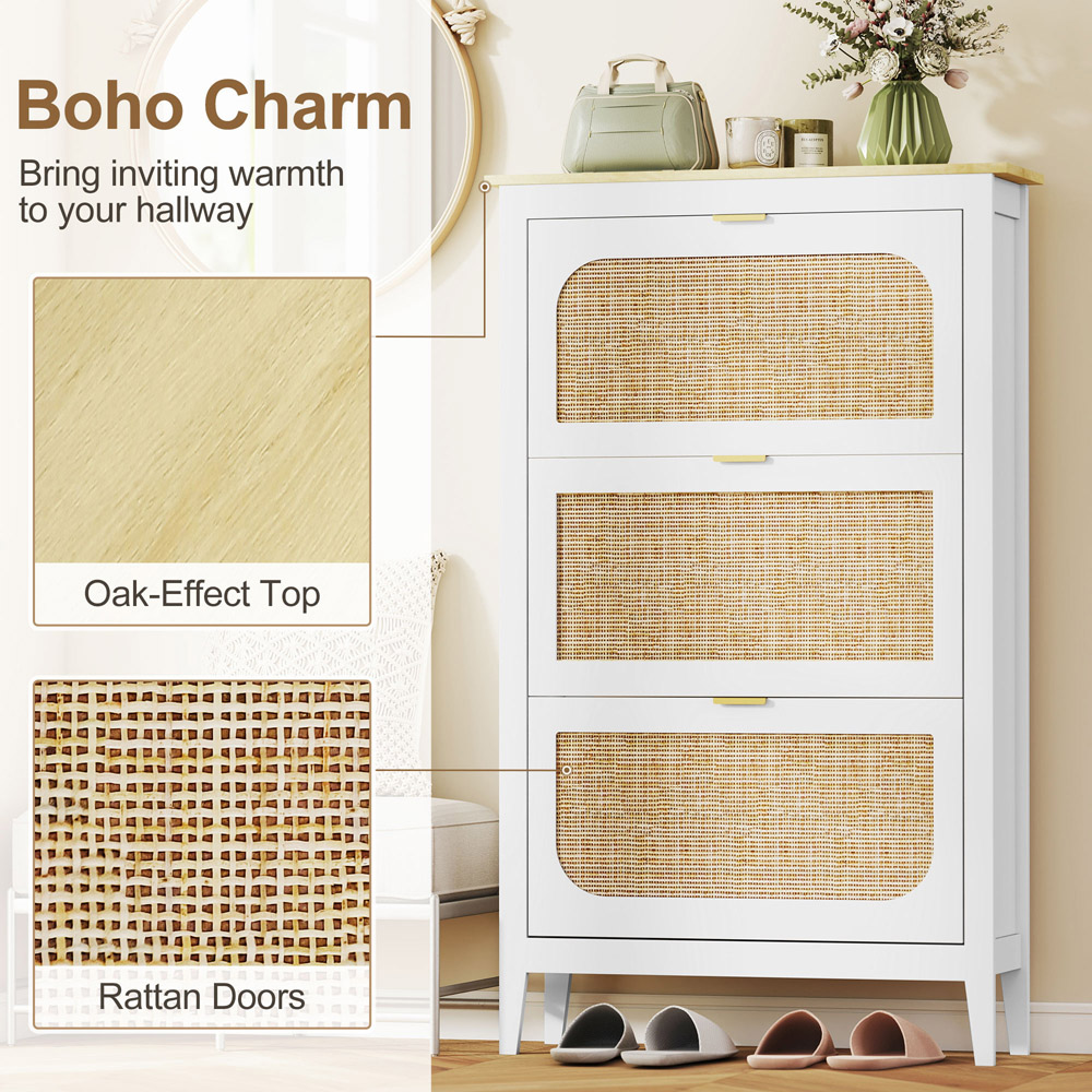 HOMCOM Boho 21 Pair White Rattan Slim Shoe Cabinet Image 5