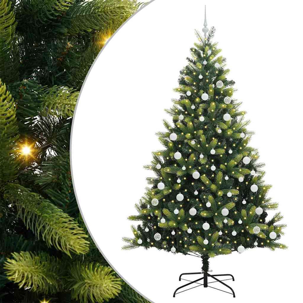 vidaXL Pre-Lit White Baubles Green Artificial Hinged Christmas Tree 7ft Image 2