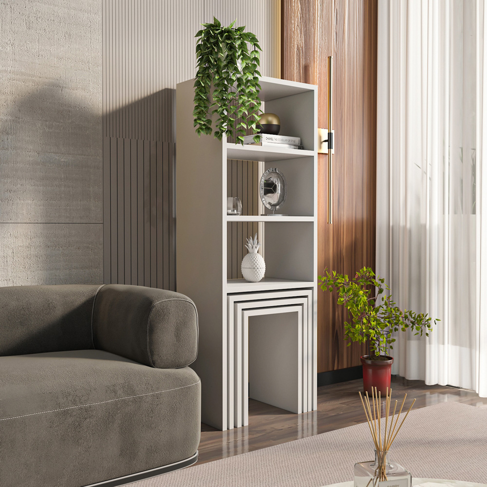 Decorotika Modern Melo 3 Shelf White Bookcase with Nest of Tables Set of 3 Image 5