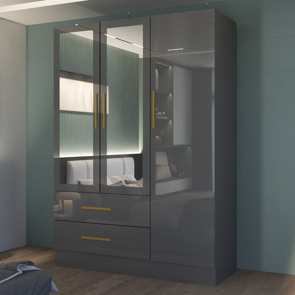 M N Furniture Glossera 3 Door 2 Drawer Grey High Gloss Mirrored Wardrobe 116cm Image 1