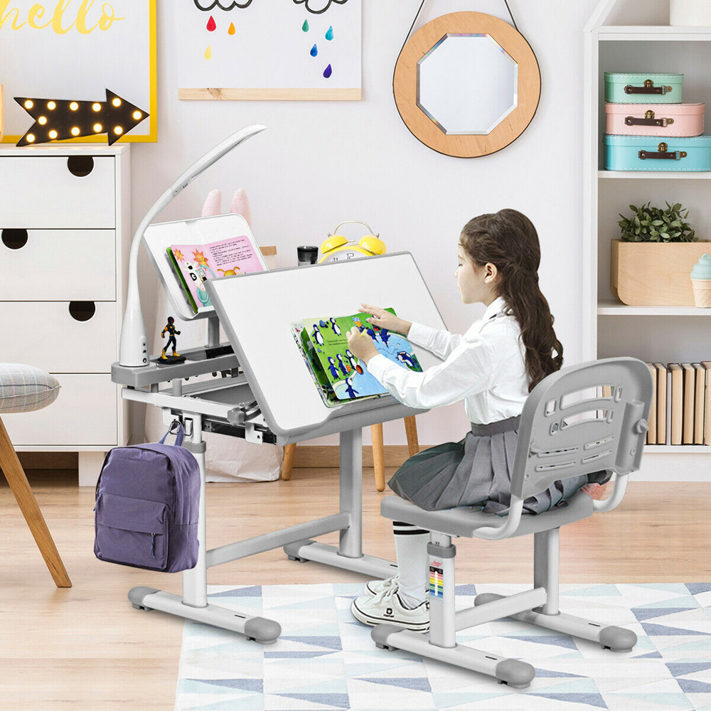 Costway Grey Height Adjustable Kids Desk and Chair Set with Lamp Image 4