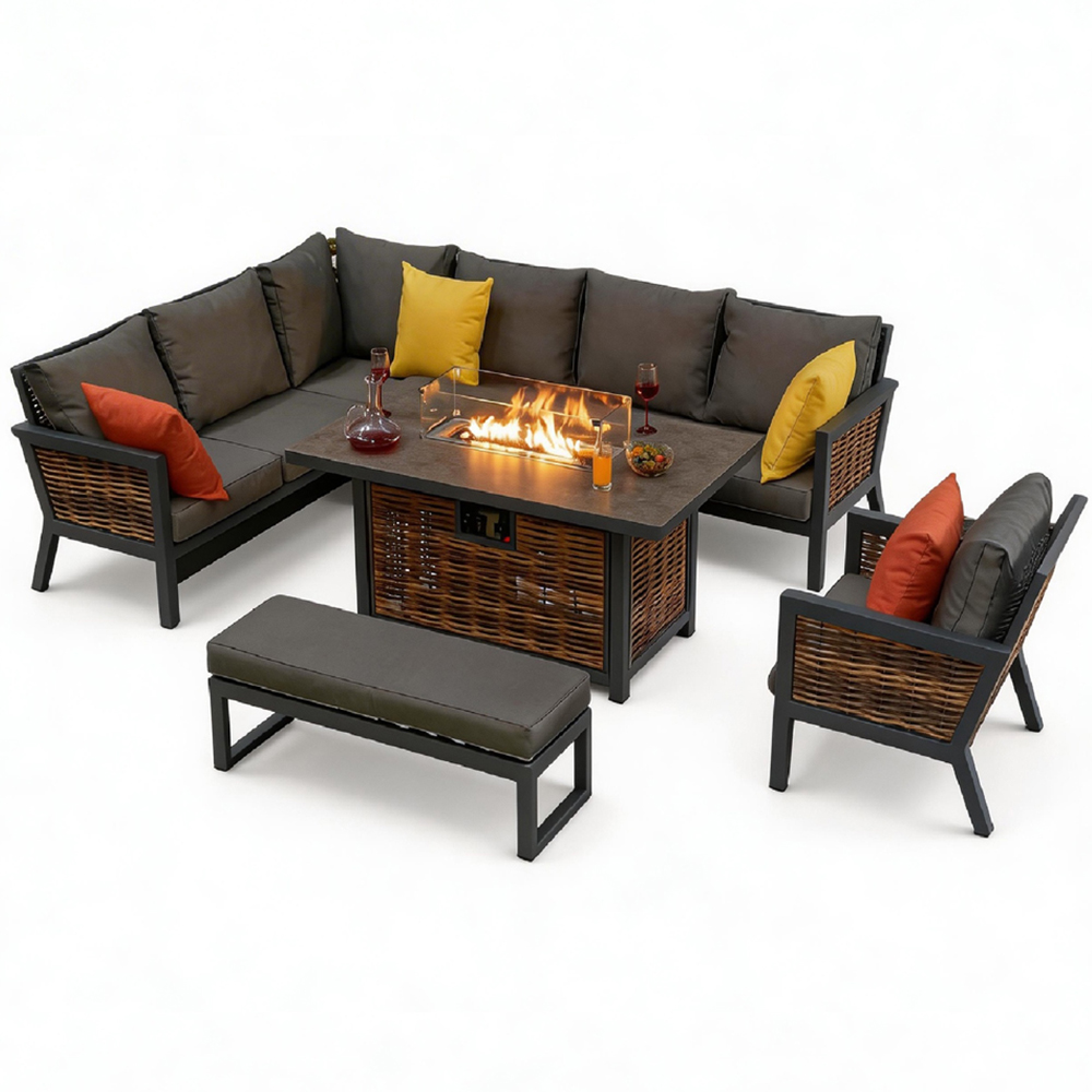 Furniture One 9 Seater Grey Aluminium Outdoor Corner Lounge Set with Fire Pit Table Image 2