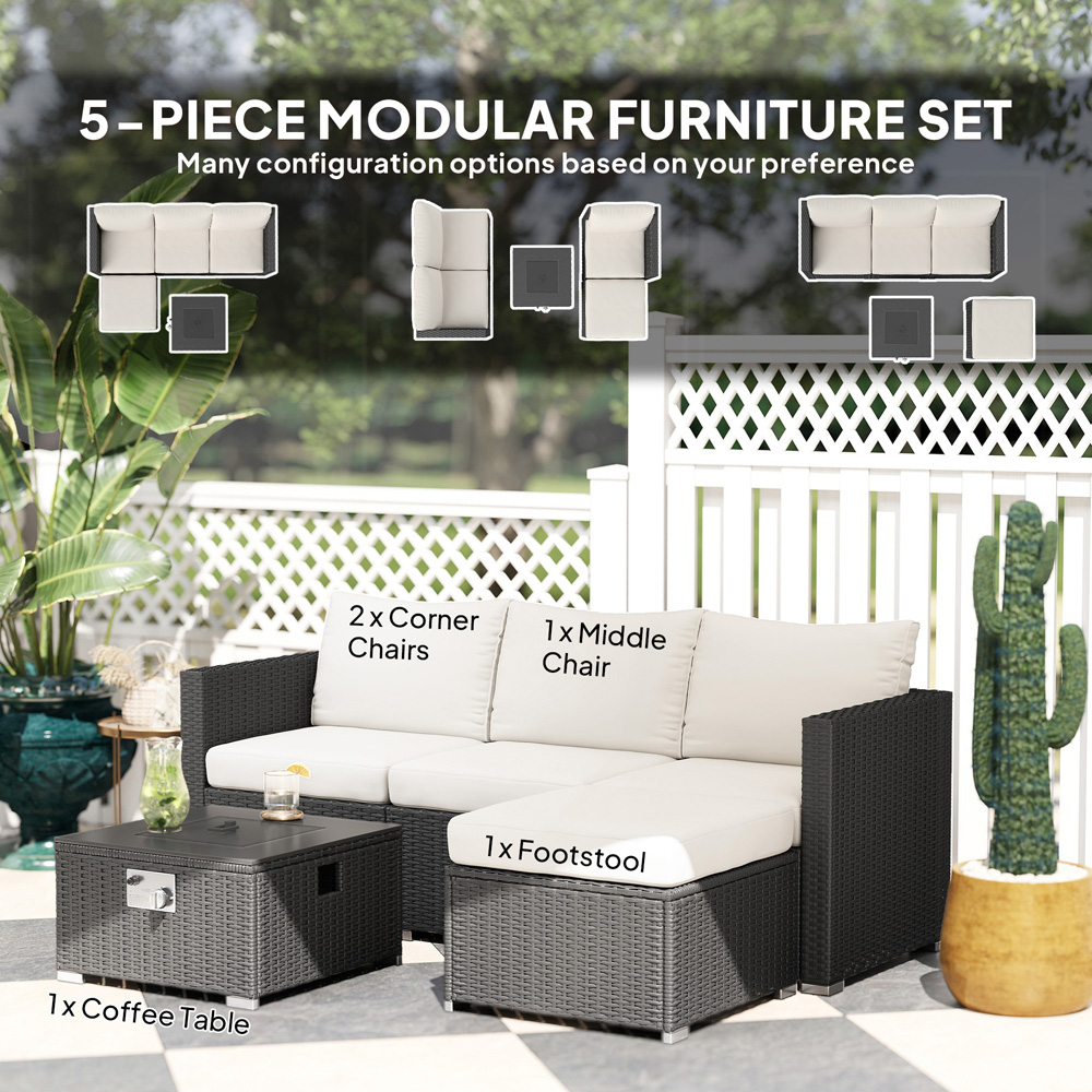 Outsunny 4 Seater Black and Cream Rattan Sofa Set with Footstool Image 8
