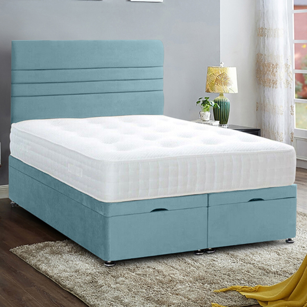 Eleganza Home Napster Single Duck Egg Plush Velvet Divan Ottoman Bed with Lined Headboard Image 1