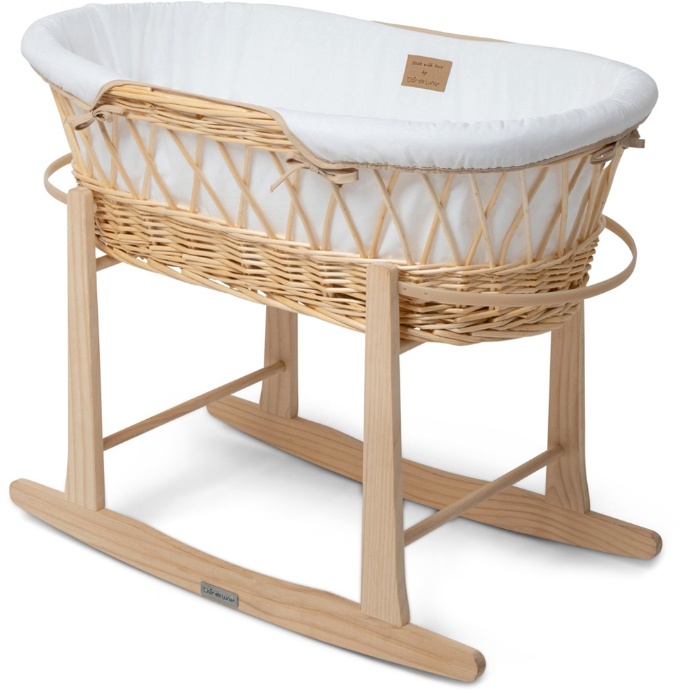 Clair De Lune White Organic Wicker Moses Basket with Rocking Stand Image 1