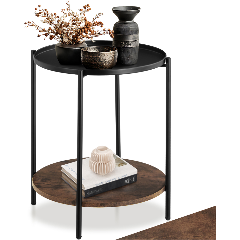 Tectake Sunderland Single Shelf Rustic Dark Wood Round Bedside Table Image 2