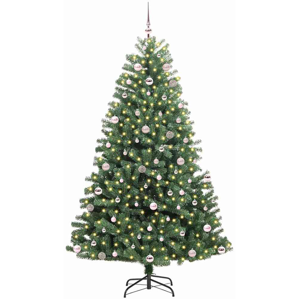 vidaXL Pre-Lit Pink Baubles Green Artificial Hinged Christmas Tree 8ft Image 1