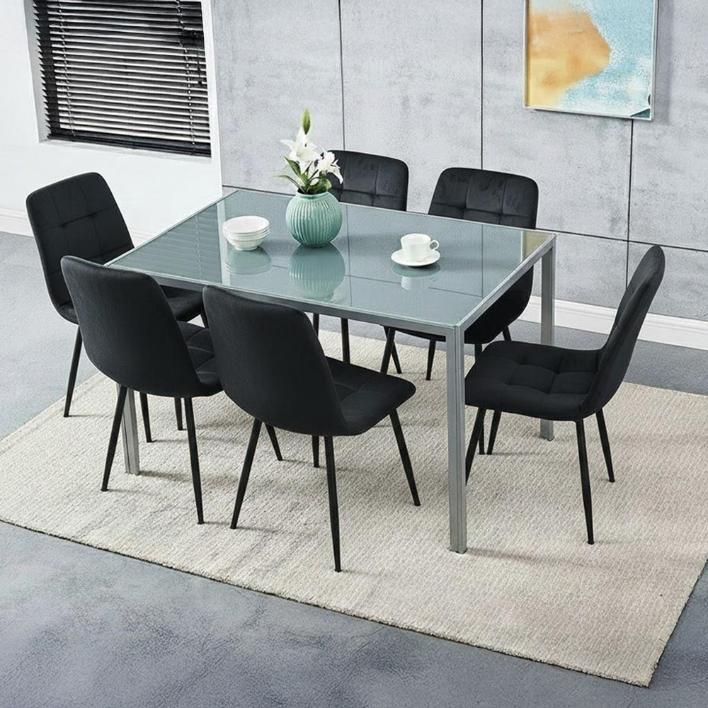 Kosy Koala 6 Seater Velvet Glass Rectangular Dining Set Grey and Black Image 4