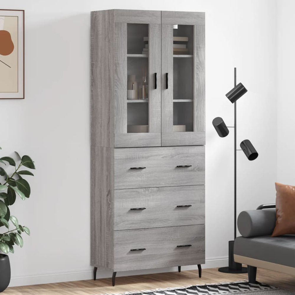vidaXL 2 Glass Door 3 Drawer Grey Sonoma Highboard with Black Metal Legs Image 1