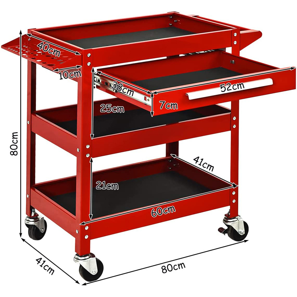 Costway 3 Shelf Single Drawer Red Tool Trolley Image 9