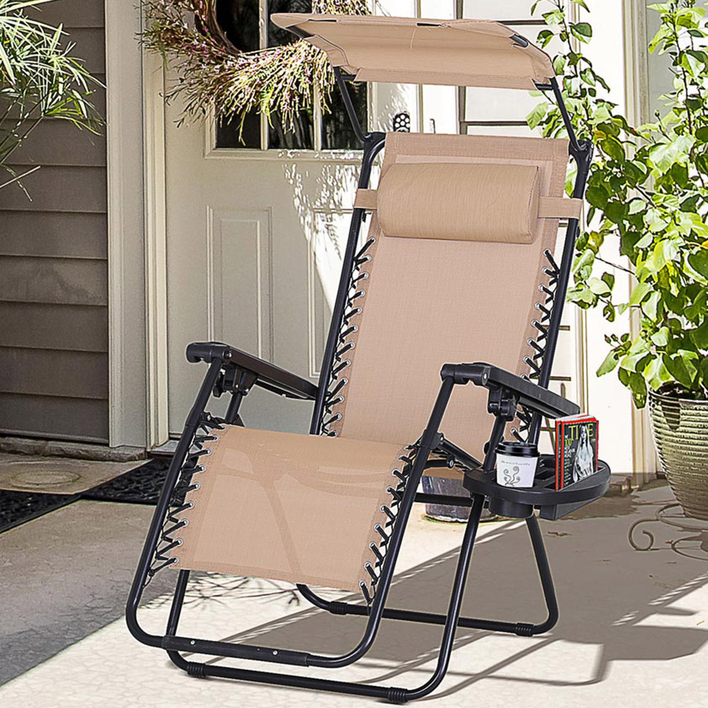 Outsunny Beige Zero Gravity Foldable Garden Recliner Chair with Canopy Image 1