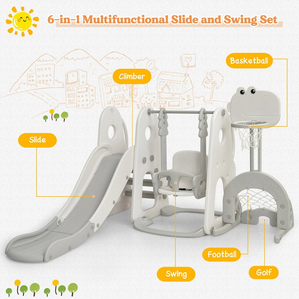 Costway Grey 6 in 1 Toddler Slide and Swing Set with Basketball Hoop Image 8