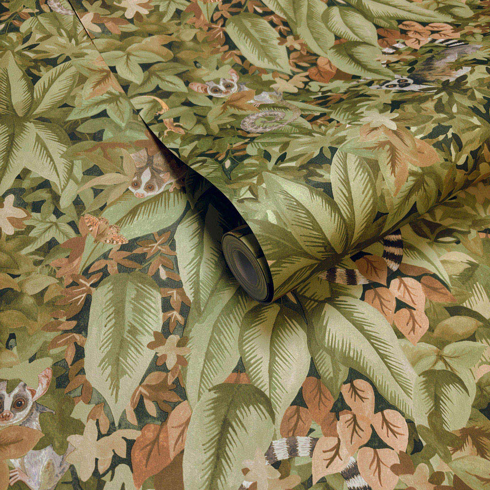 Holden Decor Lemur Leaves Rust Green Wallpaper Image 2