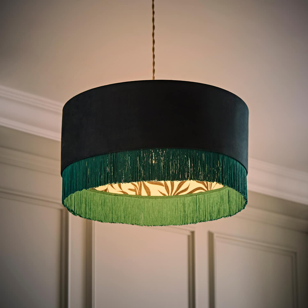 ValueLights Kimberly Green Velvet Printed Inner Fringe Easy Fit Ceiling Lamp Shade 50cm Image 2