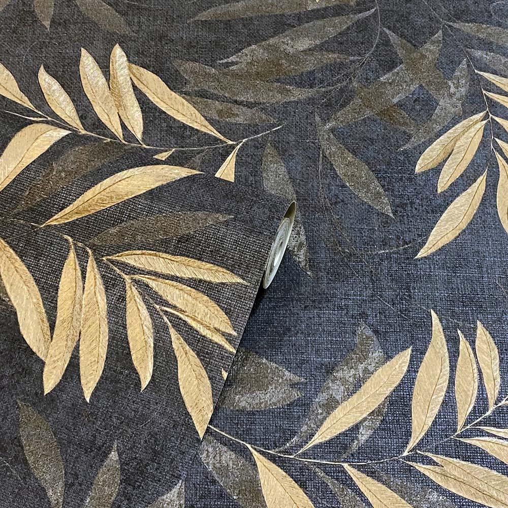 Arthouse Luxury Leaf Navy and Champagne Gold Wallpaper Image 2
