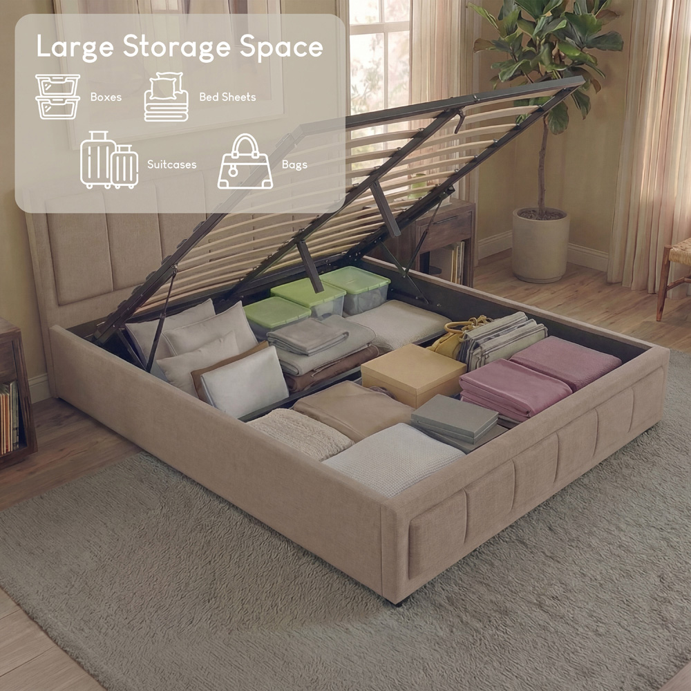 VIDA DESIGNS Vanita King Size Beige Linen Ottoman Bed with Padded Headboard Image 5