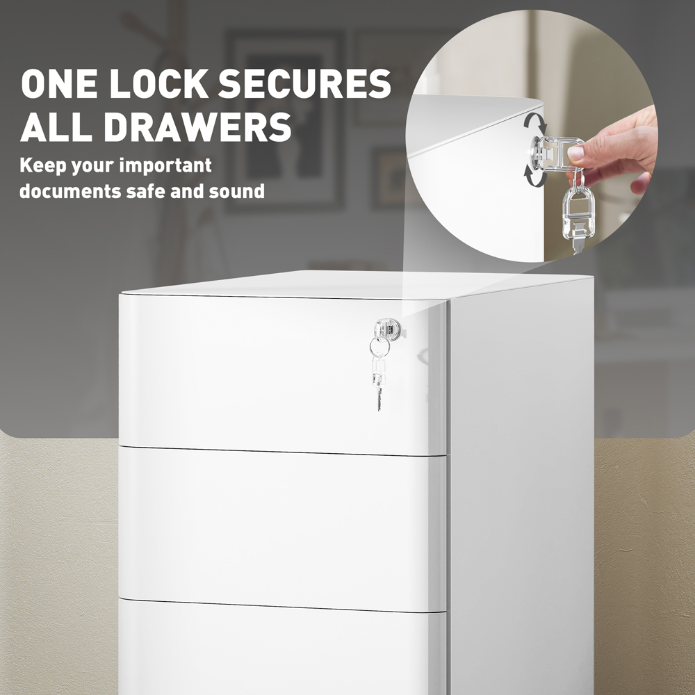 Vinsetto 3 Drawer White Steel Lockable Filing Cabinet on Wheels Image 6