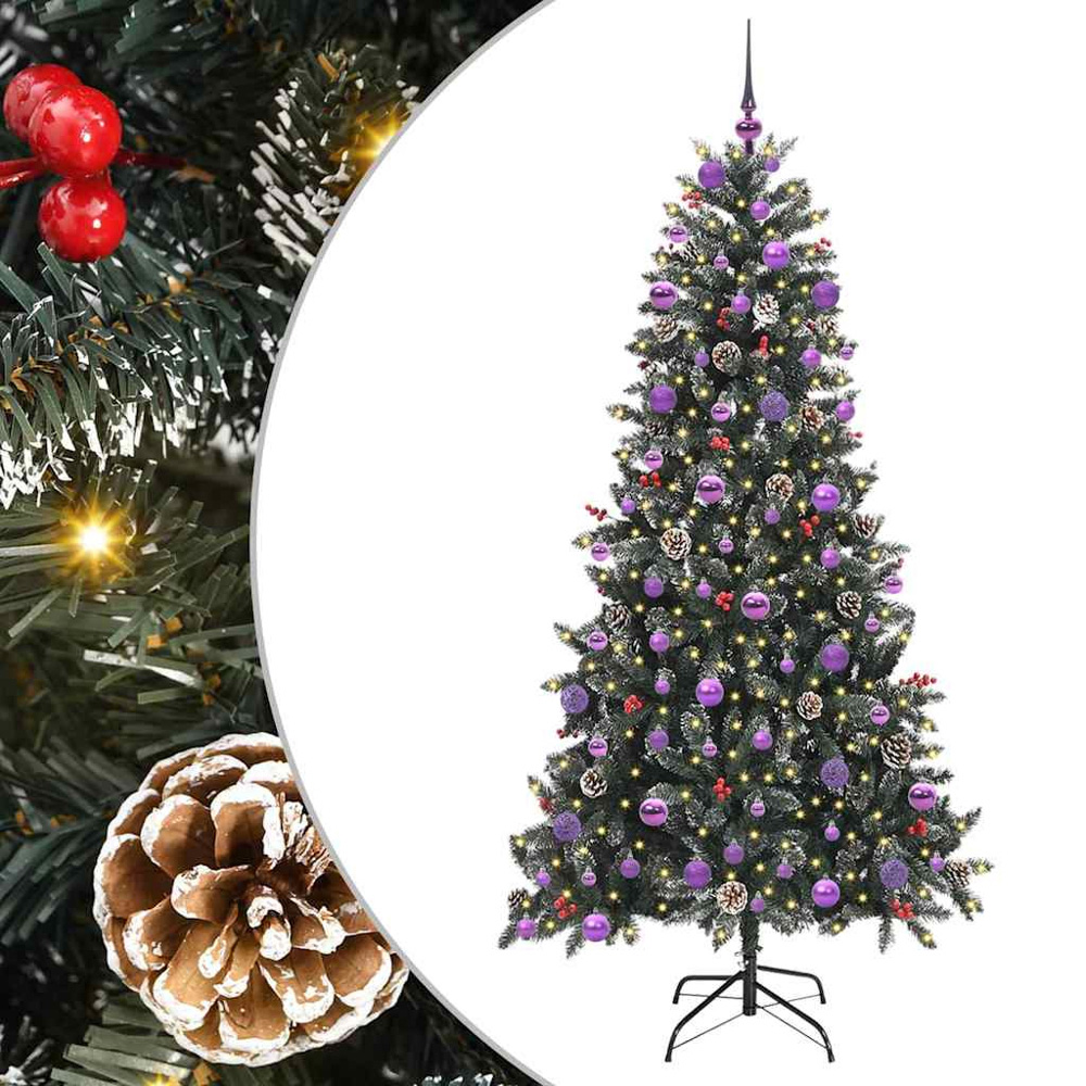 vidaXL Pre-Lit Lilac Baubles and Pinecones Green Artificial Snow Tipped Christmas Tree 7ft Image 2