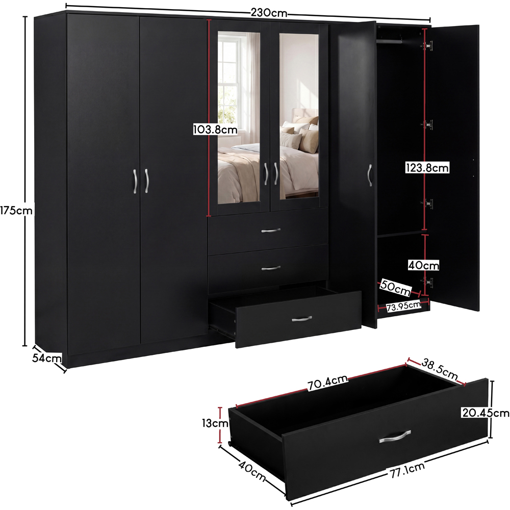 VIDA DESIGNS Riano 6 Door 3 Drawer Black Mirrored Wardrobe Image 9
