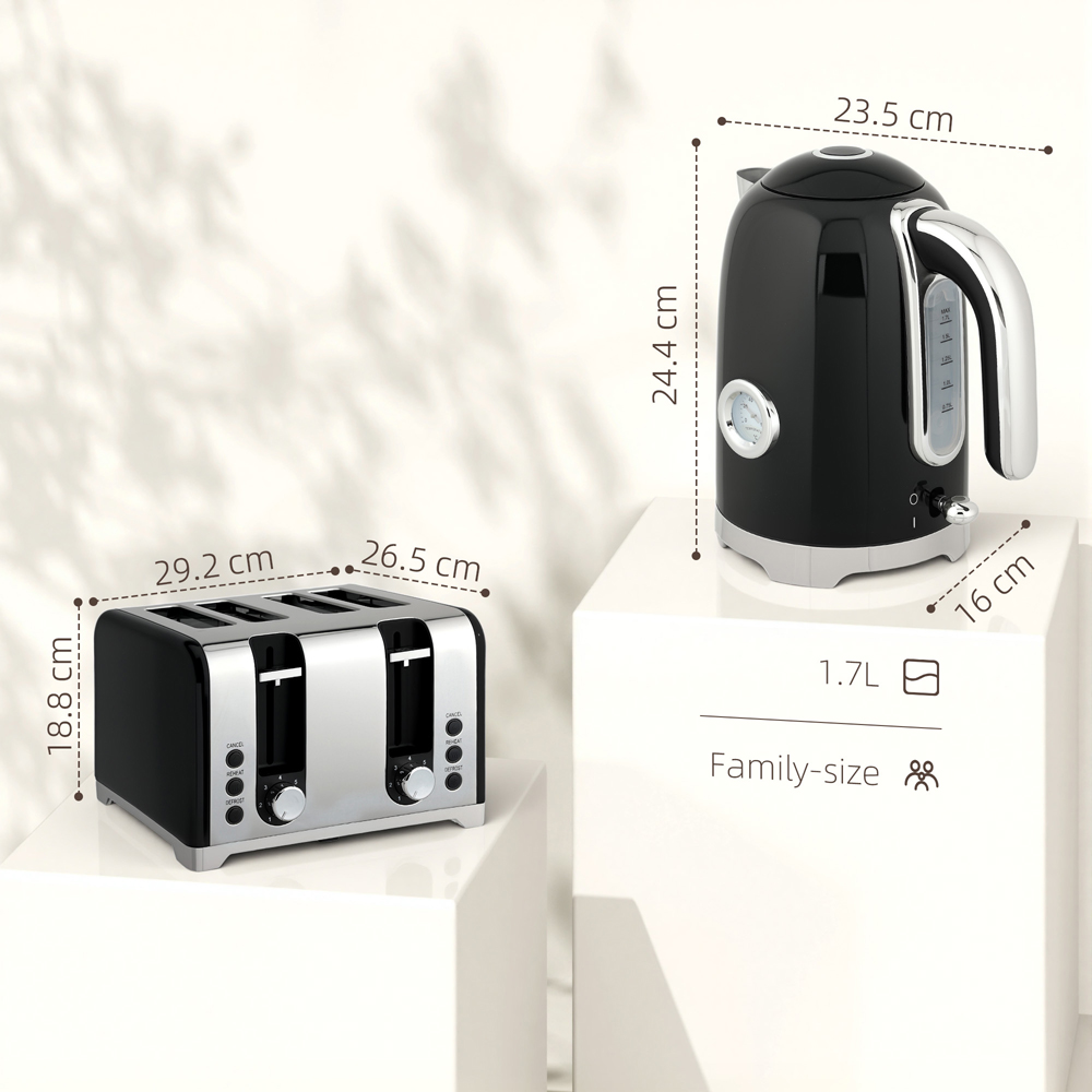 HOMCOM 800-289V70BK Black Retro 1.7L Kettle and 4 Slice Toaster Set 3000W Image 9