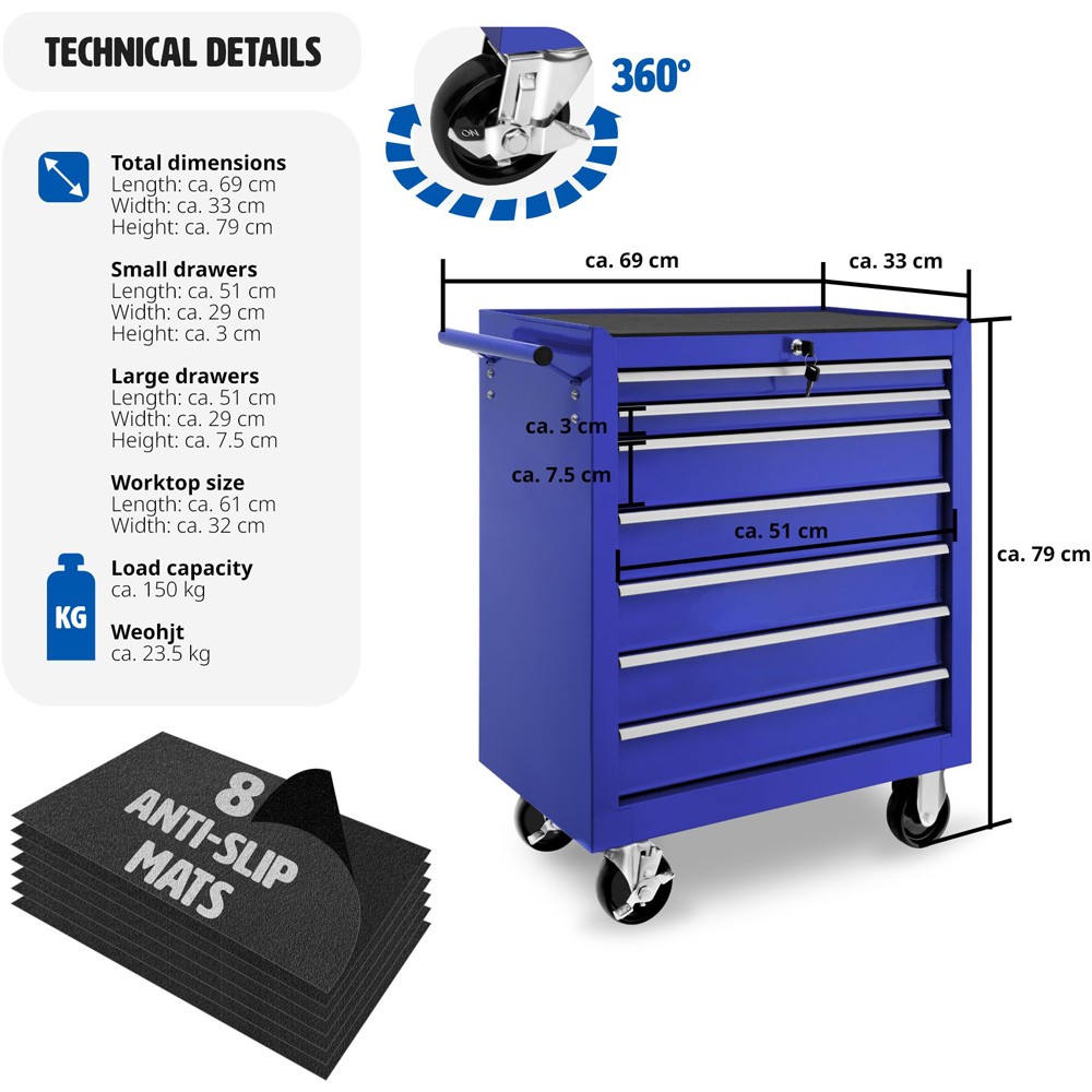 tectake 7 Drawer Blue Tool Chest of Drawers with Wheels Image 8