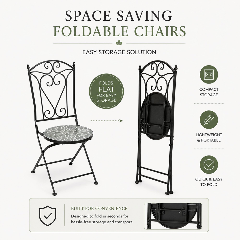 Shatchi Leaf 2 Seater Mosaic Ceramic Tile Top Foldable Bistro Set Image 3