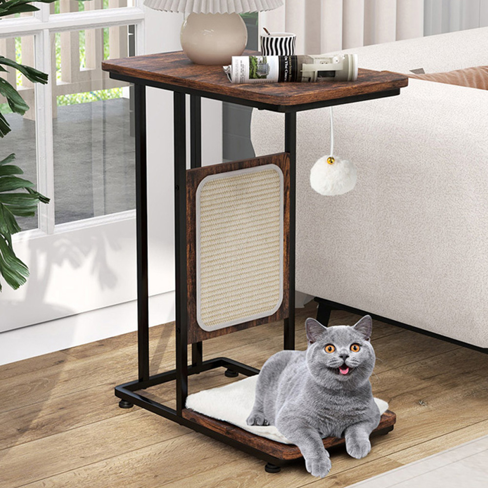 Costway Rustic Brown Side Table with Cat Tree Image 1