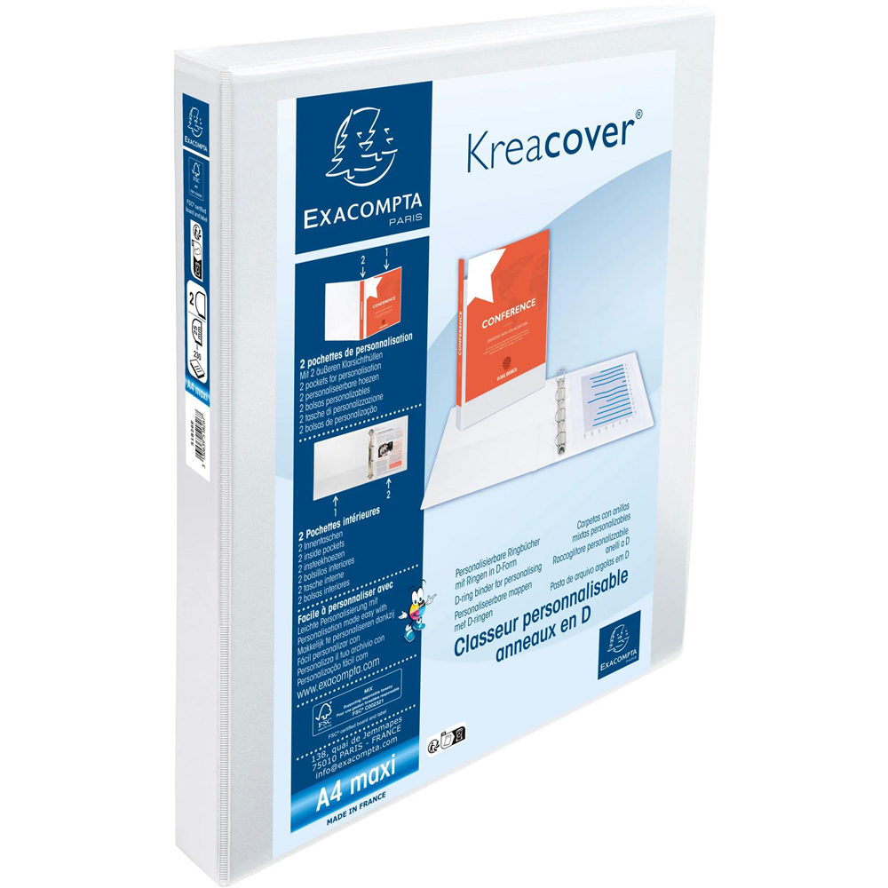 Exacompta Kreacover White Polypropylene 2D Ring Binder with 3 Pockets 25mm 10 Pack Image 2