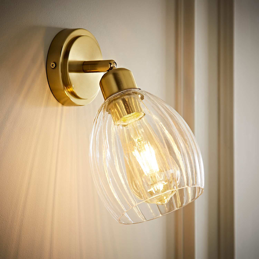 ValueLights Cheltenham Ribbed Shade Brushed Gold Adjustable Wall Spotlights with Bulbs 2 Pack Image 7