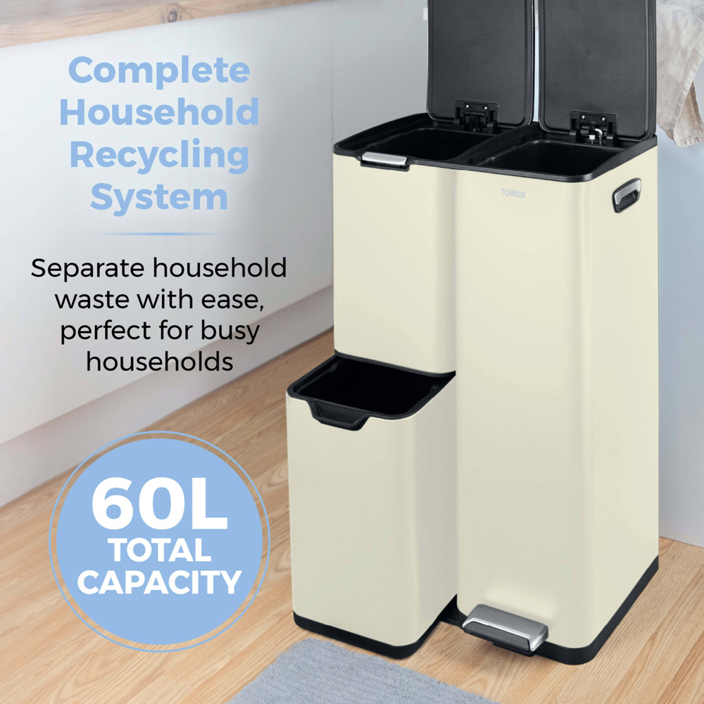 Tower Cream Carbon Steel Triple Recycling Pedal Bin 60L Image 4