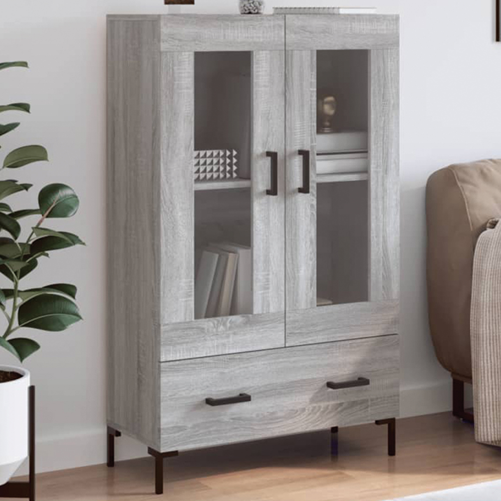 vidaXL 2 Glass Door Single Drawer Grey Sonoma Highboard with Metal Legs Image 1